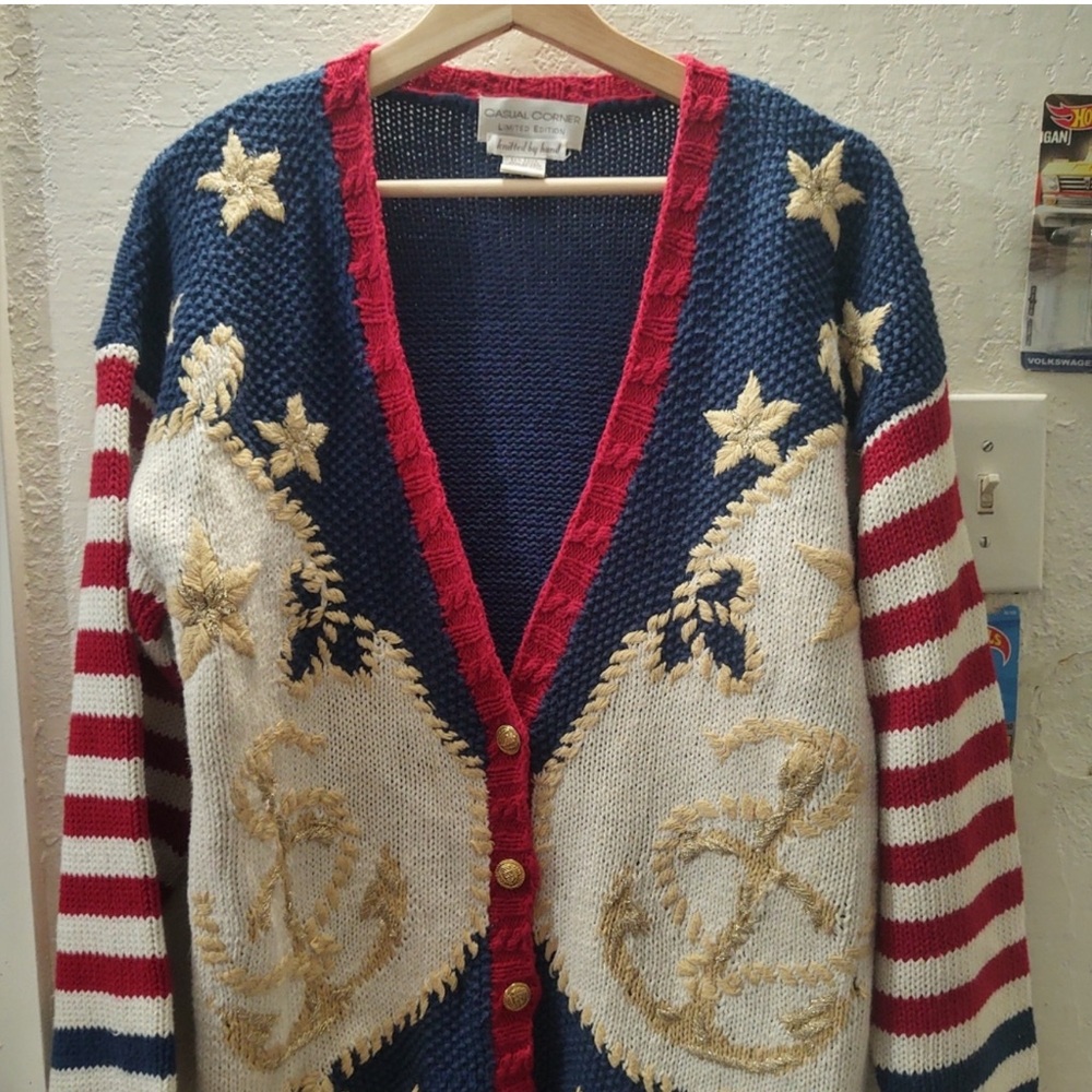 Blue /Red Cardigan patriotic Sweater  Star vintage rare nautical American flag